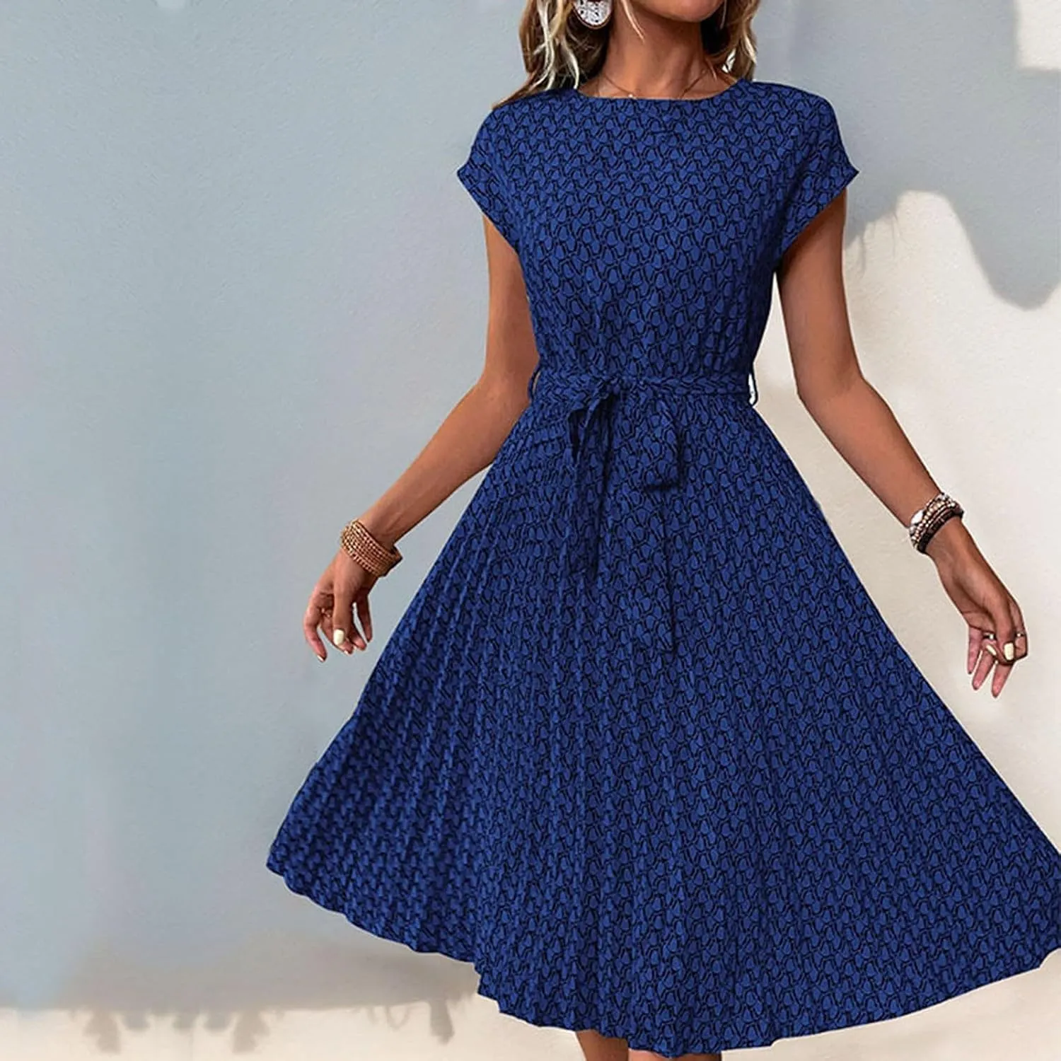 Summer Mini Dresses for Women 2025 Floral Cap Sleeve Tie Waist Midi Dresses Boho Pleated Ruffle Knee Length Dress