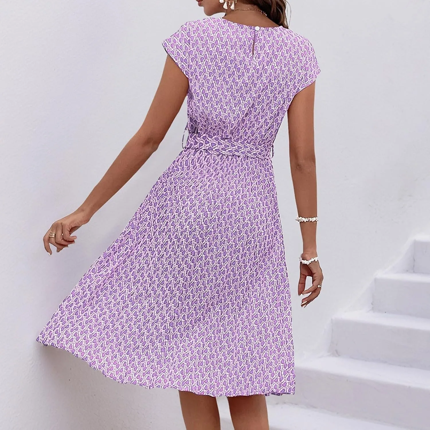 Summer Mini Dresses for Women 2025 Floral Cap Sleeve Tie Waist Midi Dresses Boho Pleated Ruffle Knee Length Dress