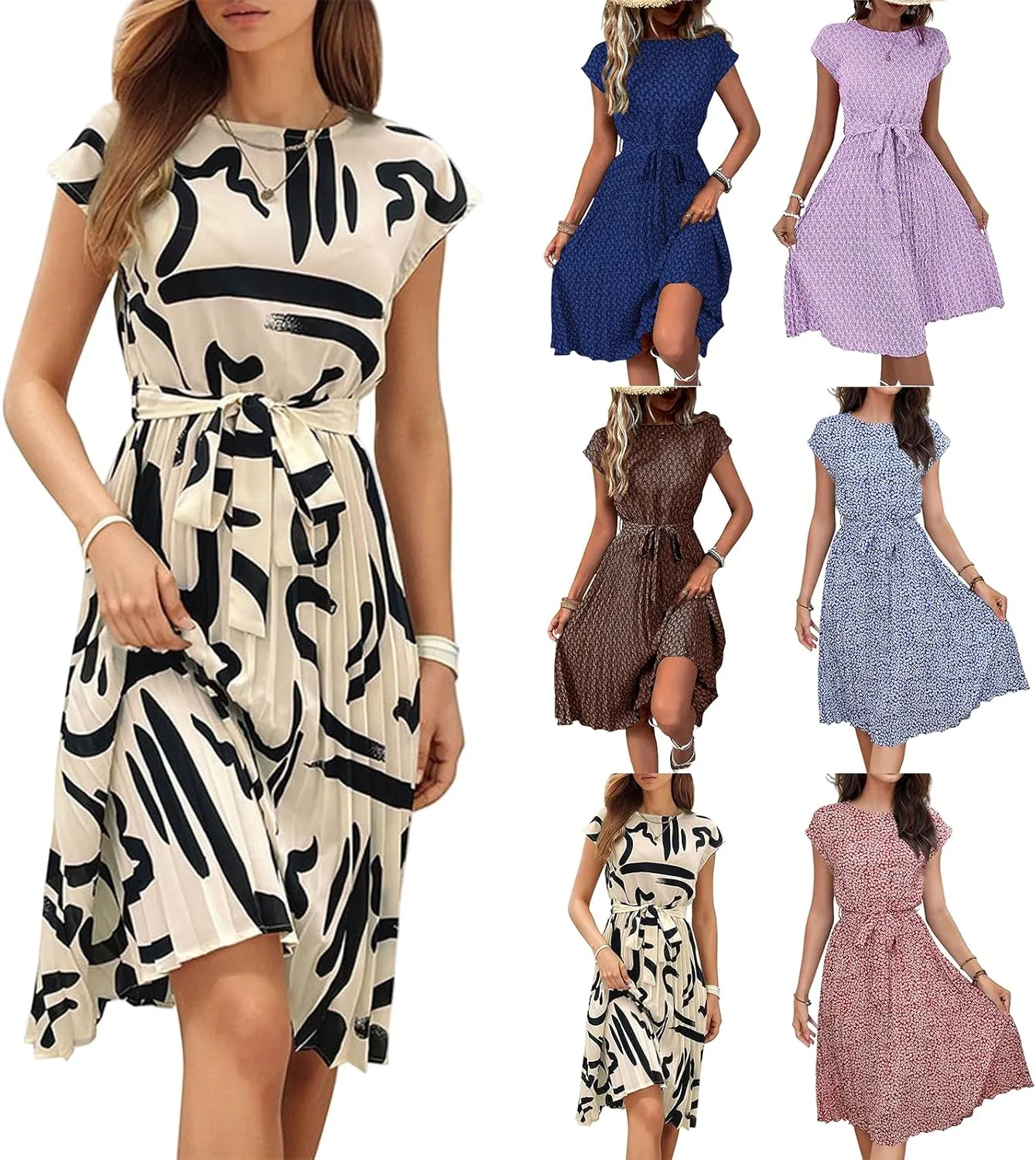 Summer Mini Dresses for Women 2025 Floral Cap Sleeve Tie Waist Midi Dresses Boho Pleated Ruffle Knee Length Dress