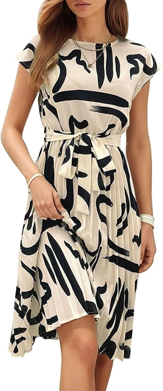 Summer Mini Dresses for Women 2025 Floral Cap Sleeve Tie Waist Midi Dresses Boho Pleated Ruffle Knee Length Dress