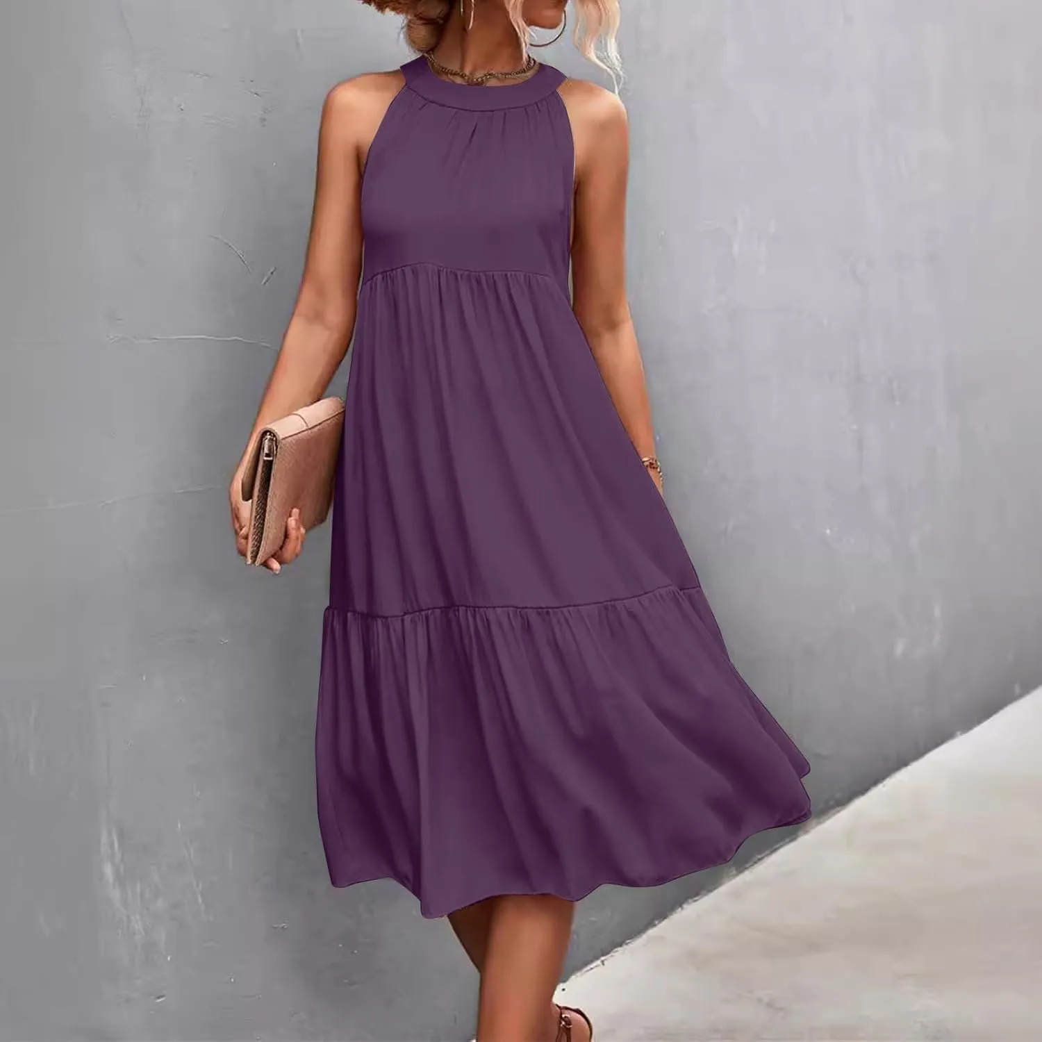 Summer Plus Size Sundresses for Women Trendy Off The Shoulder Sleeveless Halter Dress Casual Flowy Floral Midi Dress