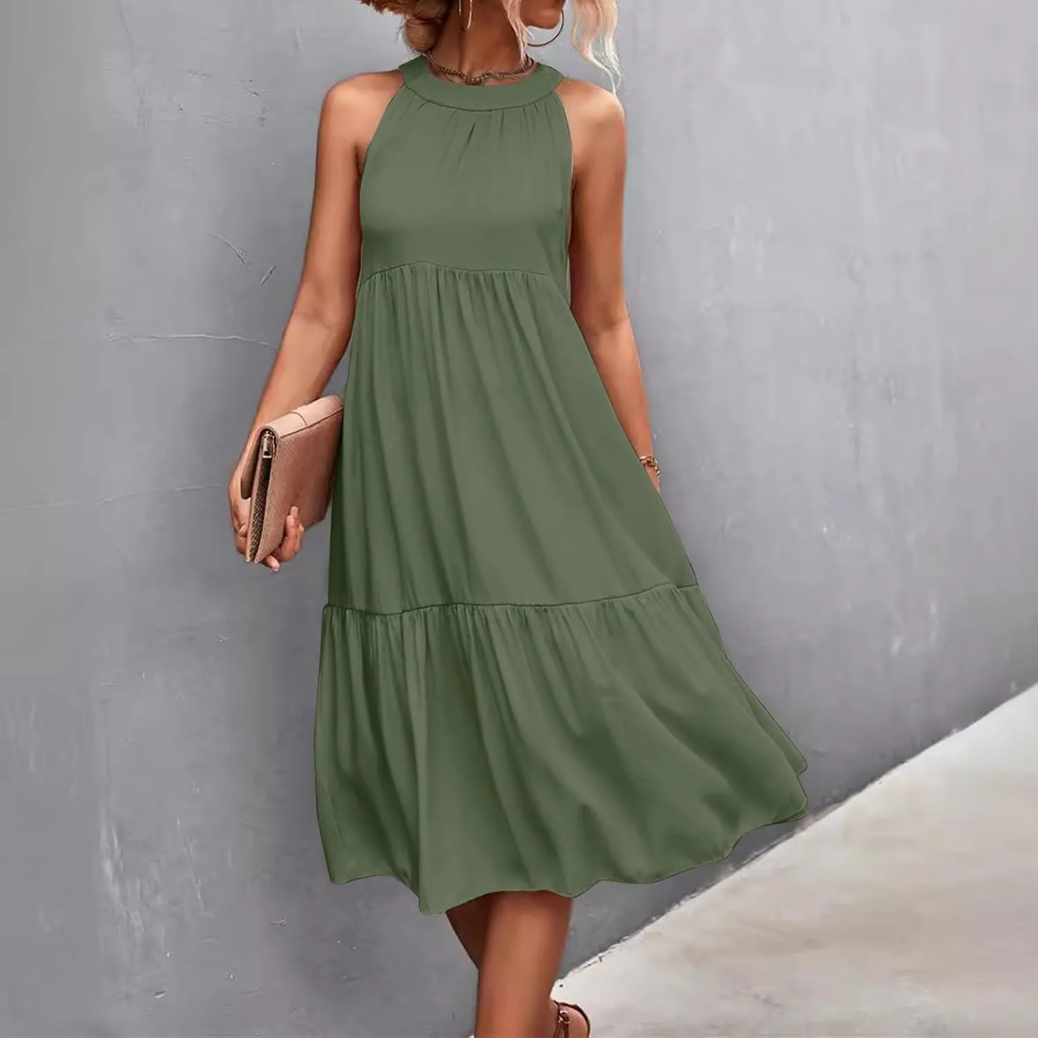 Summer Plus Size Sundresses for Women Trendy Off The Shoulder Sleeveless Halter Dress Casual Flowy Floral Midi Dress