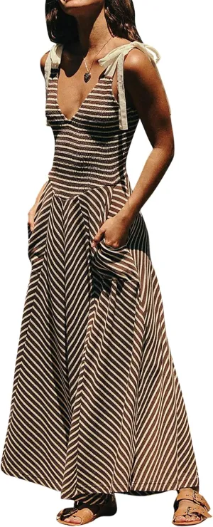 Summer Striped Dresses for Women 2025 Trendy Vacation Beach Sundress Flowy V Neck Long Dress with Pockets