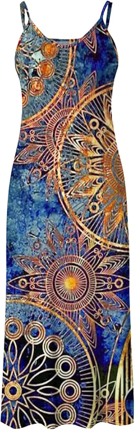 Sun Dresses Women Spaghetti Strap Floar Print Long Dress Casual Summer Beach Sundresses Soft Hawaiian Maxi Dress