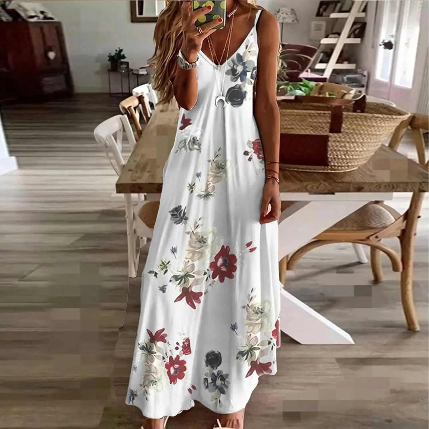 Sun Dresses Women Spaghetti Strap Floar Print Long Dress Casual Summer Beach Sundresses Soft Hawaiian Maxi Dress