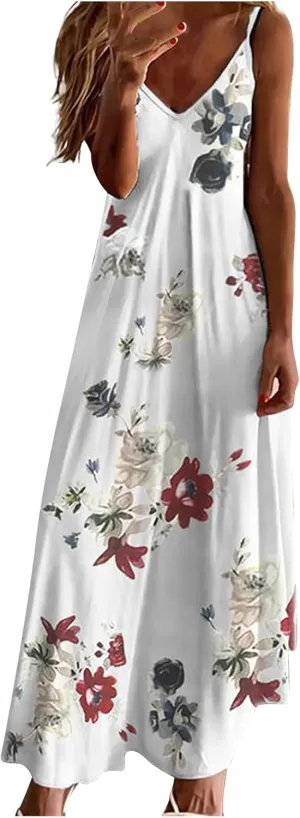 Sun Dresses Women Spaghetti Strap Floar Print Long Dress Casual Summer Beach Sundresses Soft Hawaiian Maxi Dress