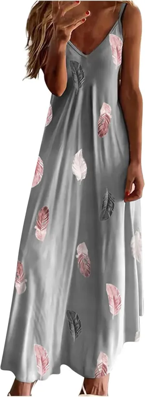 Sun Dresses Women Spaghetti Strap Floar Print Long Dress Casual Summer Beach Sundresses Soft Hawaiian Maxi Dress
