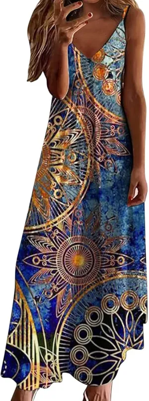 Sun Dresses Women Spaghetti Strap Floar Print Long Dress Casual Summer Beach Sundresses Soft Hawaiian Maxi Dress