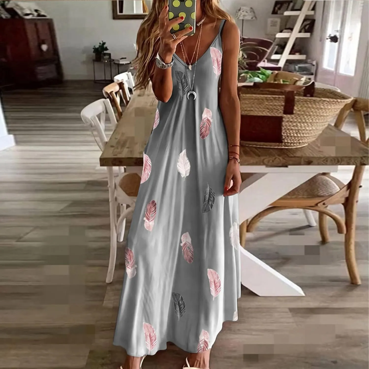 Sun Dresses Women Spaghetti Strap Floar Print Long Dress Casual Summer Beach Sundresses Soft Hawaiian Maxi Dress