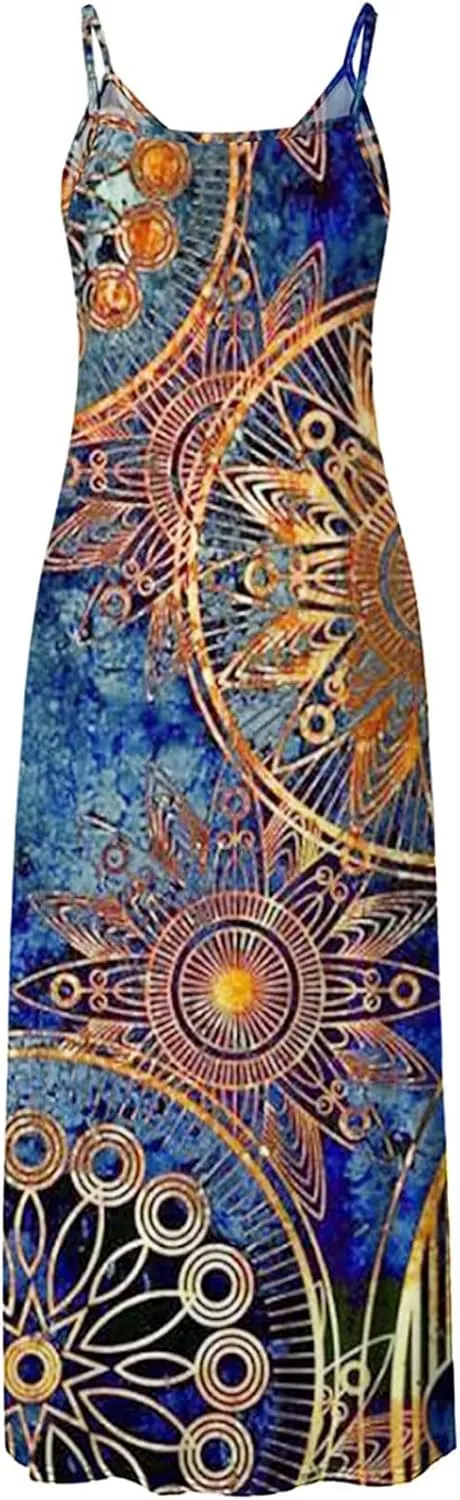 Sun Dresses Women Spaghetti Strap Floar Print Long Dress Casual Summer Beach Sundresses Soft Hawaiian Maxi Dress