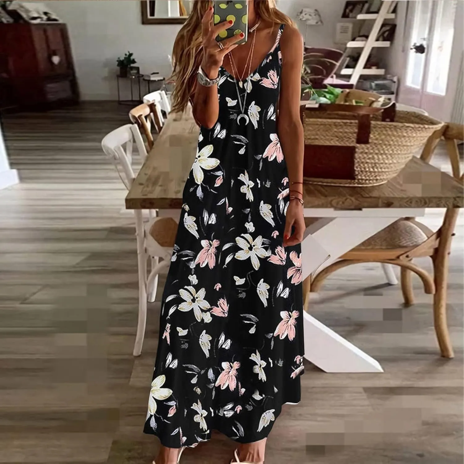 Sun Dresses Women Spaghetti Strap Floar Print Long Dress Casual Summer Beach Sundresses Soft Hawaiian Maxi Dress