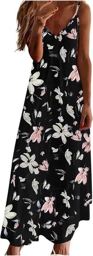 Sun Dresses Women Spaghetti Strap Floar Print Long Dress Casual Summer Beach Sundresses Soft Hawaiian Maxi Dress