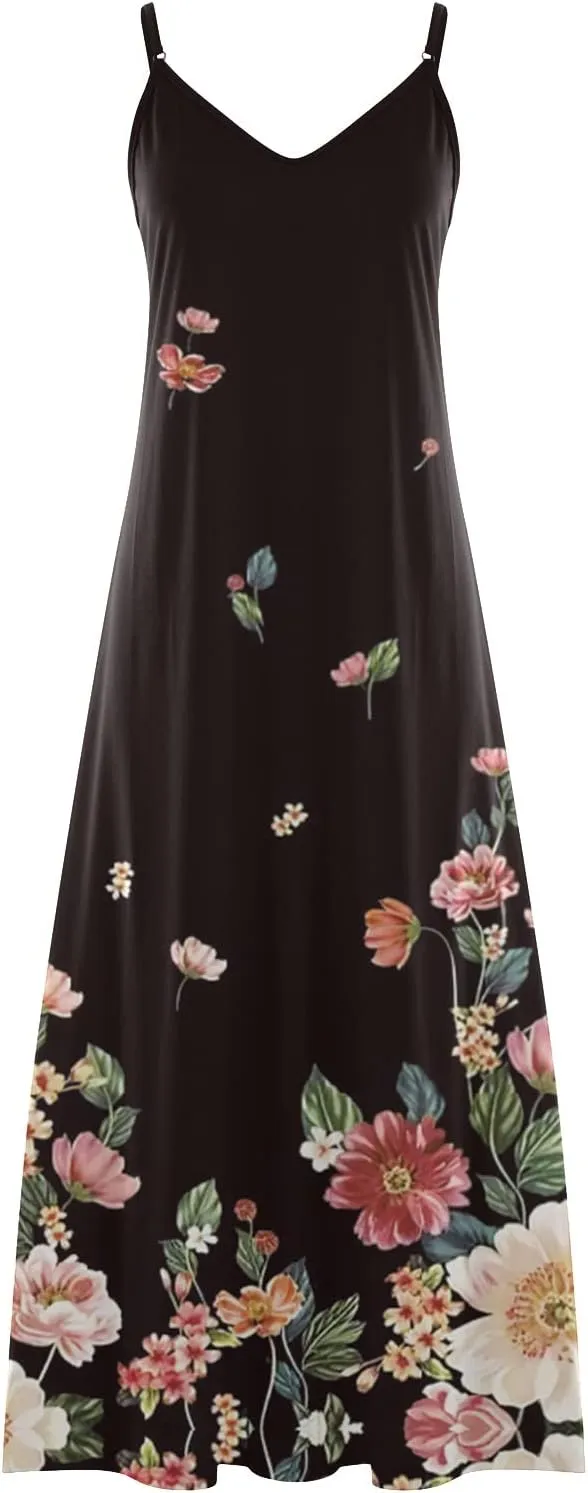 Sun Dresses Women Spaghetti Strap Floar Print Long Dress Casual Summer Beach Sundresses Soft Hawaiian Maxi Dress