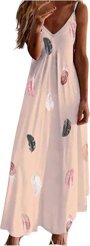 Sun Dresses Women Spaghetti Strap Floar Print Long Dress Casual Summer Beach Sundresses Soft Hawaiian Maxi Dress