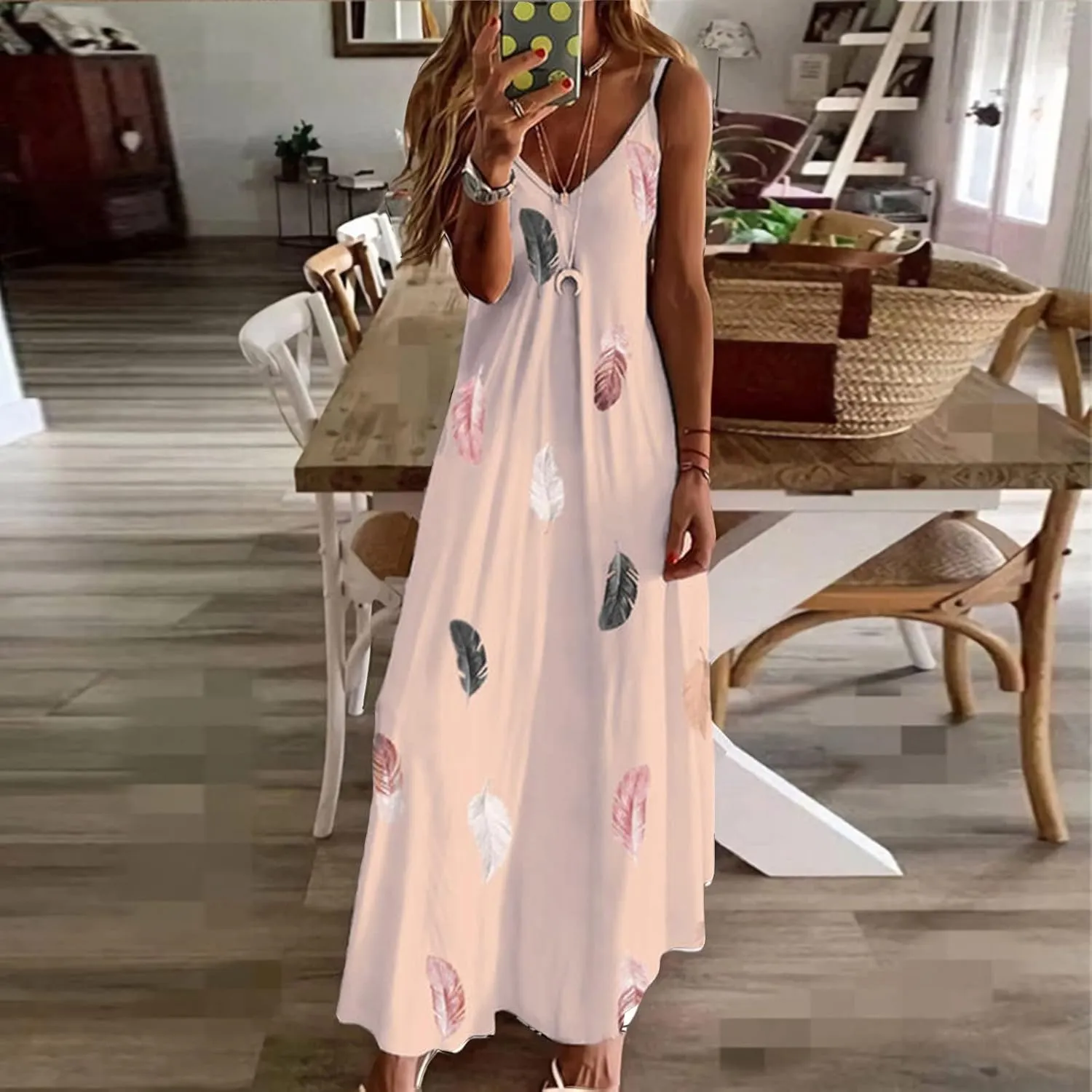 Sun Dresses Women Spaghetti Strap Floar Print Long Dress Casual Summer Beach Sundresses Soft Hawaiian Maxi Dress