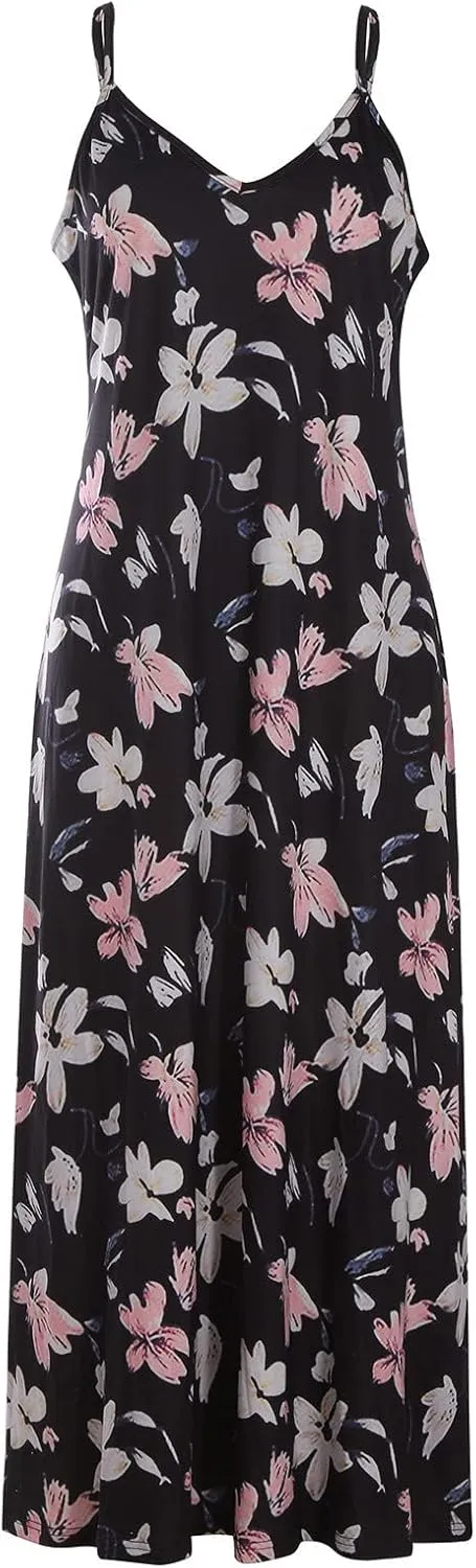 Sun Dresses Women Spaghetti Strap Floar Print Long Dress Casual Summer Beach Sundresses Soft Hawaiian Maxi Dress