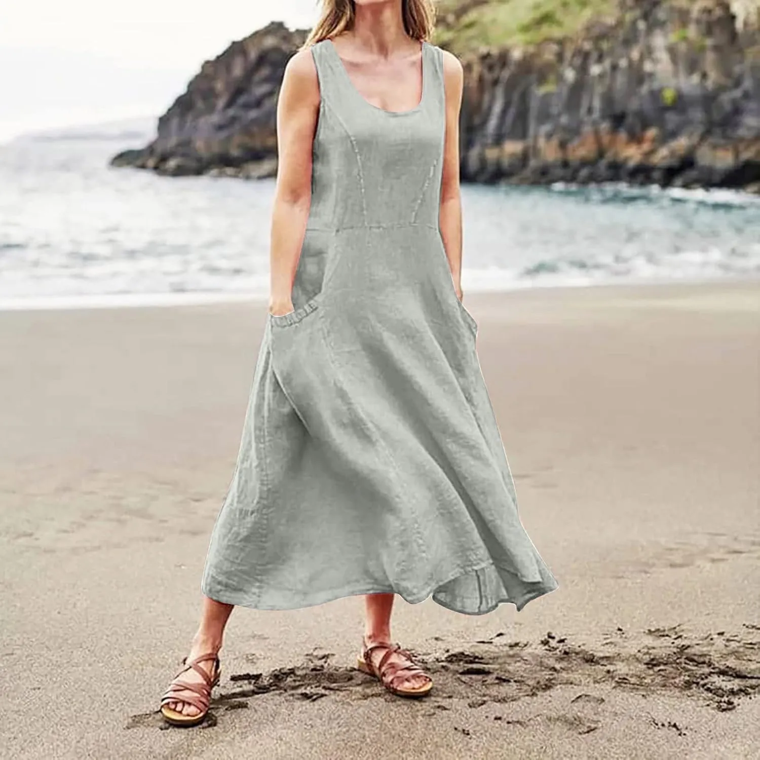 Sundress for Women 2025 Vacation,Linen Dress for Women Sleeveless Solid Casual Baggy Flowy Maxi Dresses with Pockets