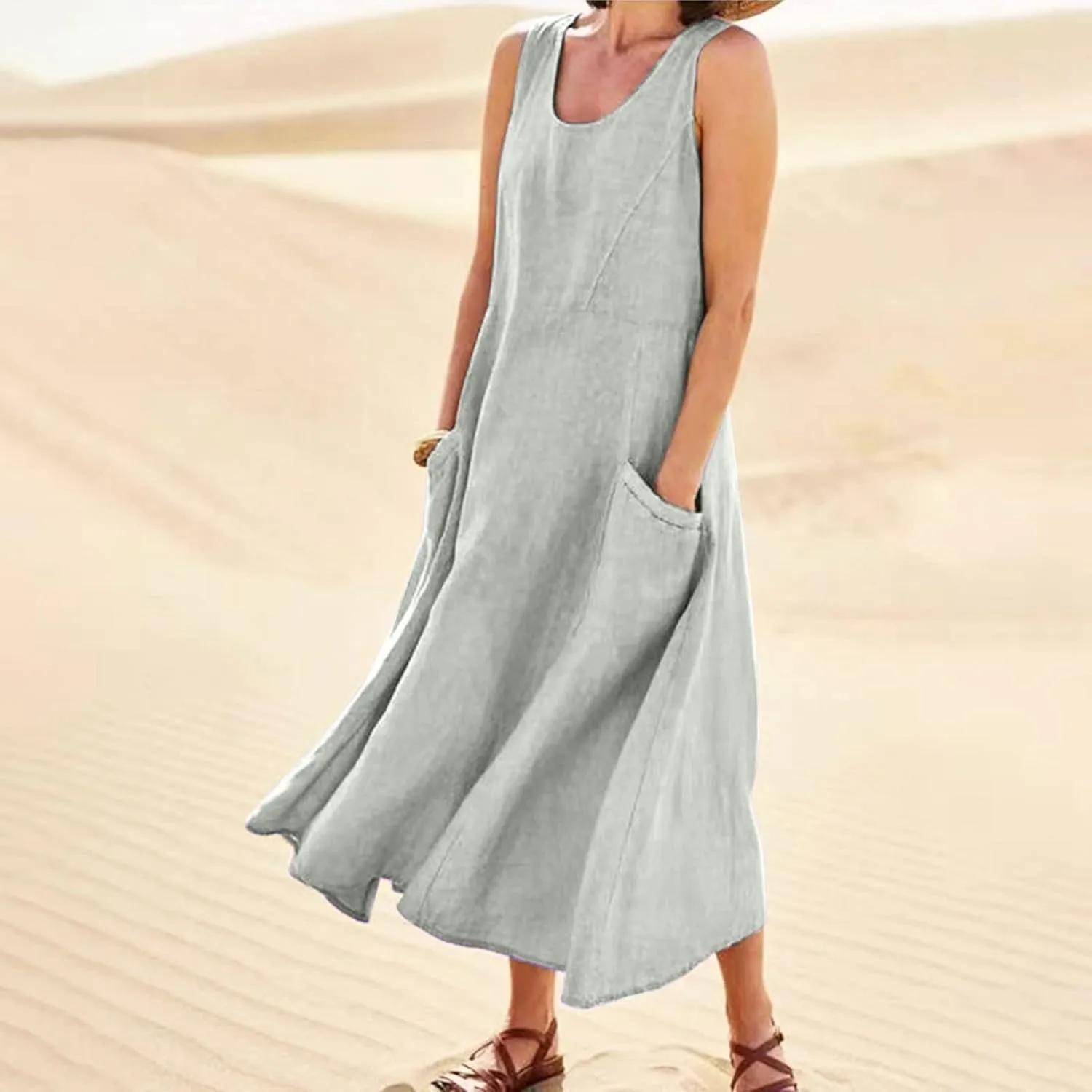 Sundress for Women 2025 Vacation,Linen Dress for Women Sleeveless Solid Casual Baggy Flowy Maxi Dresses with Pockets