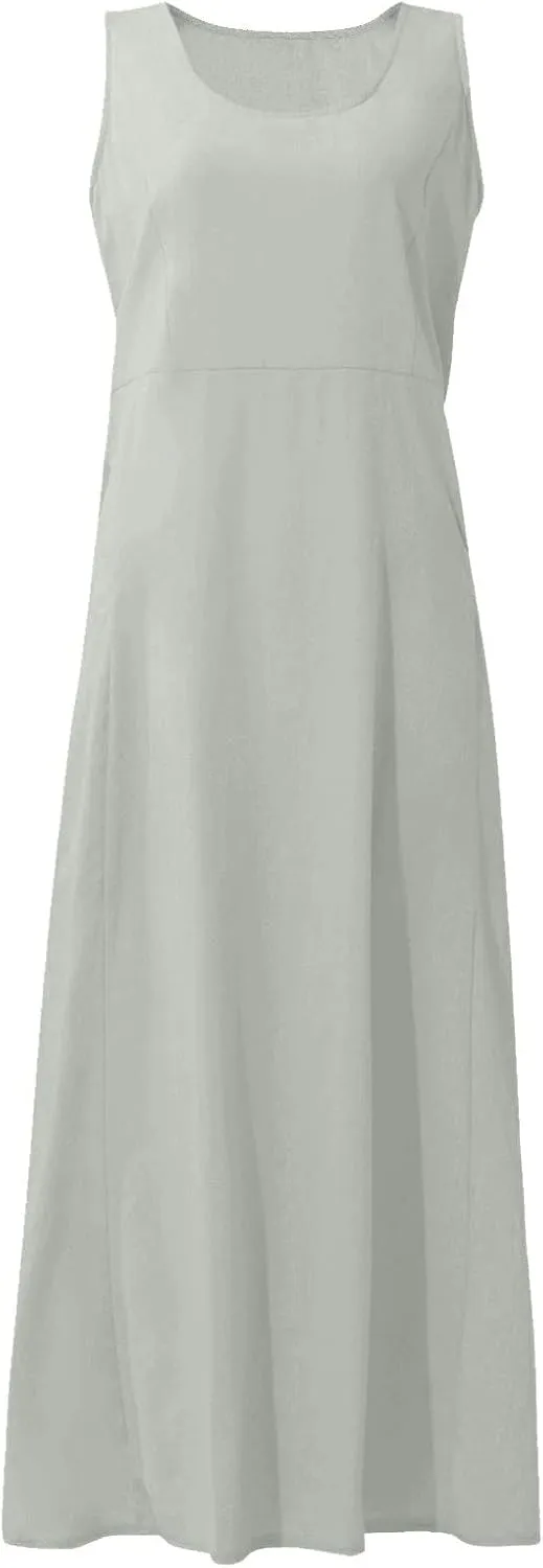 Sundress for Women 2025 Vacation,Linen Dress for Women Sleeveless Solid Casual Baggy Flowy Maxi Dresses with Pockets