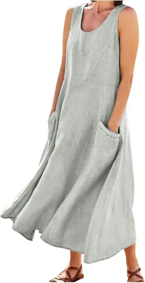 Sundress for Women 2025 Vacation,Linen Dress for Women Sleeveless Solid Casual Baggy Flowy Maxi Dresses with Pockets