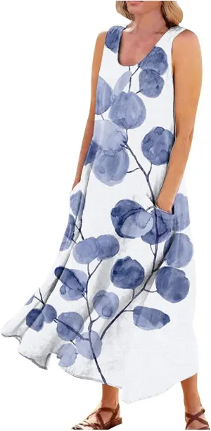 Sundresses for Women 2025 Sleeveless U Neck Boho Dress Floral Print A-Line Sundress Flowy Tank Dress with Pockets