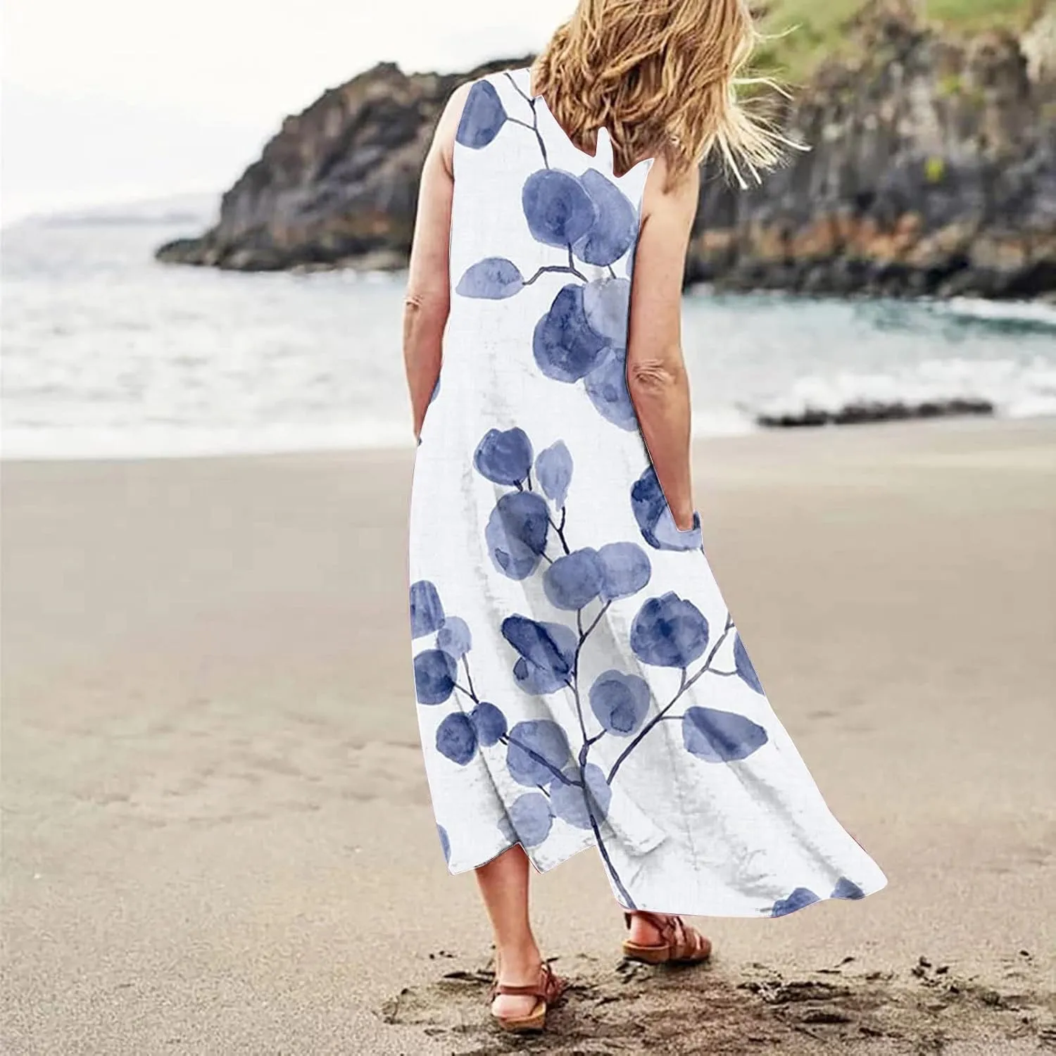 Sundresses for Women 2025 Sleeveless U Neck Boho Dress Floral Print A-Line Sundress Flowy Tank Dress with Pockets