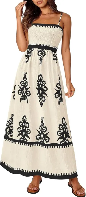 Sundresses for Women 2025 Summer Floral Sundress Spaghetti Strap Flowy Beach Vacation Boho Maxi Dresses with Pocket