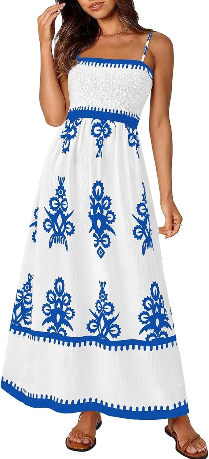 Sundresses for Women 2025 Summer Floral Sundress Spaghetti Strap Flowy Beach Vacation Boho Maxi Dresses with Pocket