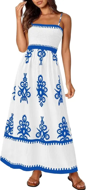 Sundresses for Women 2025 Summer Floral Sundress Spaghetti Strap Flowy Beach Vacation Boho Maxi Dresses with Pocket