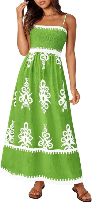 Sundresses for Women 2025 Summer Floral Sundress Spaghetti Strap Flowy Beach Vacation Boho Maxi Dresses with Pocket