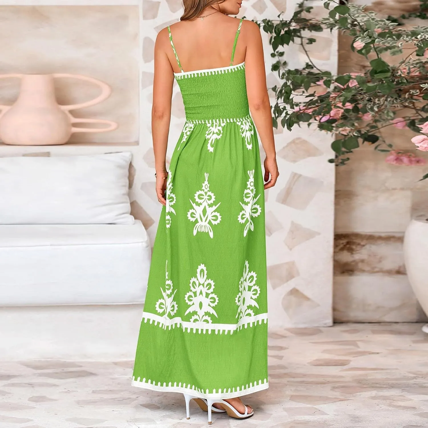 Sundresses for Women 2025 Summer Floral Sundress Spaghetti Strap Flowy Beach Vacation Boho Maxi Dresses with Pocket