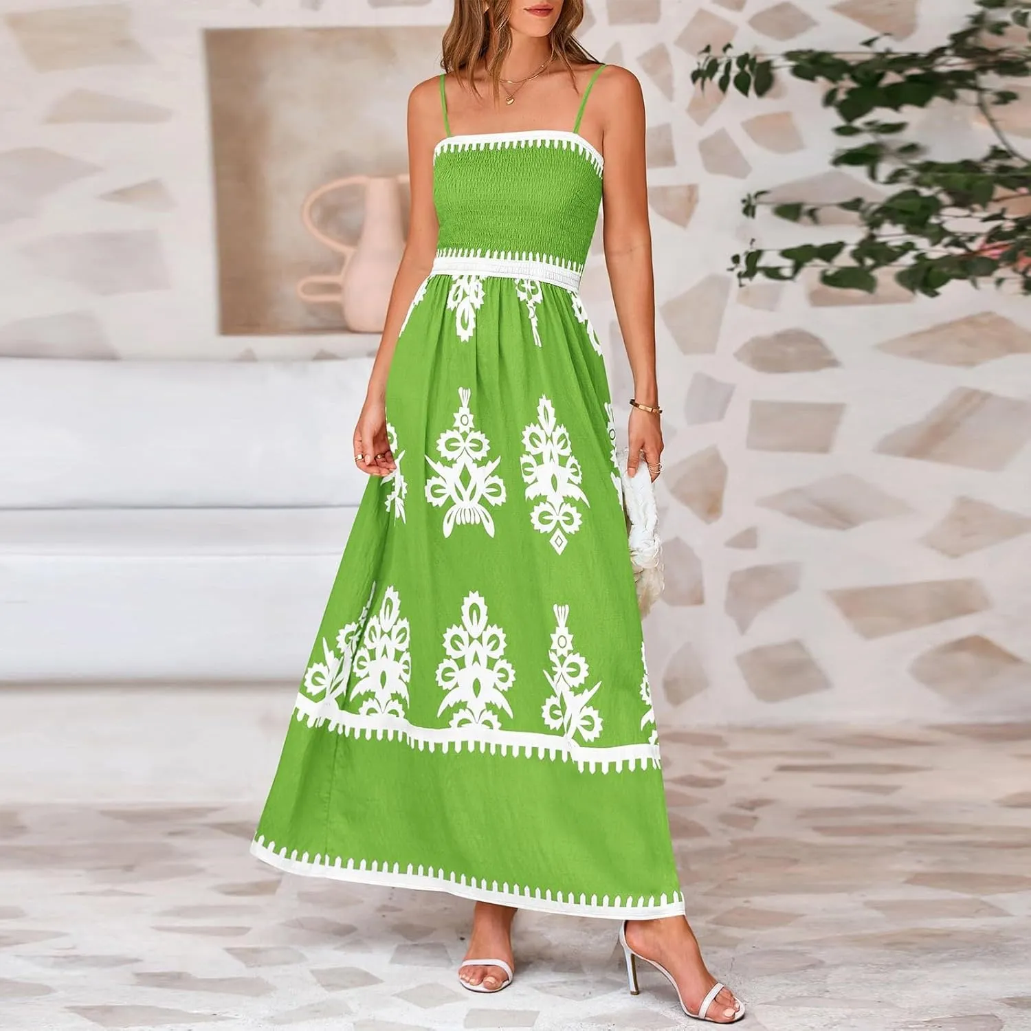 Sundresses for Women 2025 Summer Floral Sundress Spaghetti Strap Flowy Beach Vacation Boho Maxi Dresses with Pocket