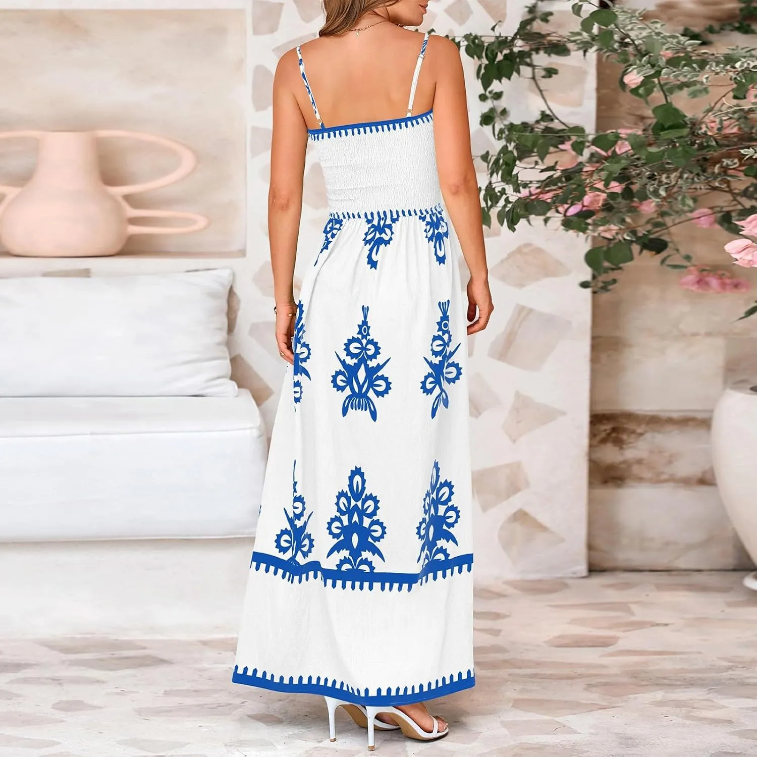 Sundresses for Women 2025 Summer Floral Sundress Spaghetti Strap Flowy Beach Vacation Boho Maxi Dresses with Pocket
