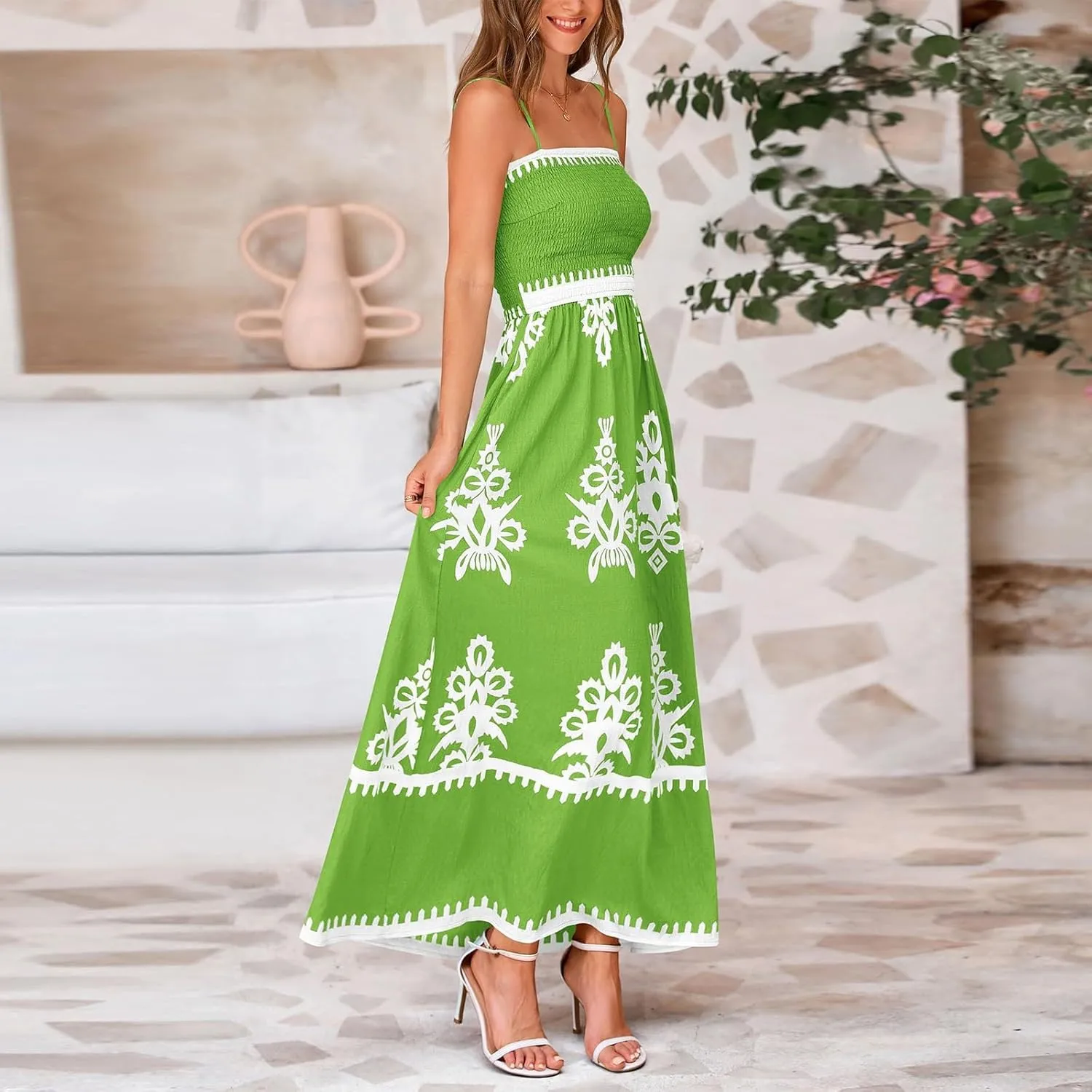Sundresses for Women 2025 Summer Floral Sundress Spaghetti Strap Flowy Beach Vacation Boho Maxi Dresses with Pocket