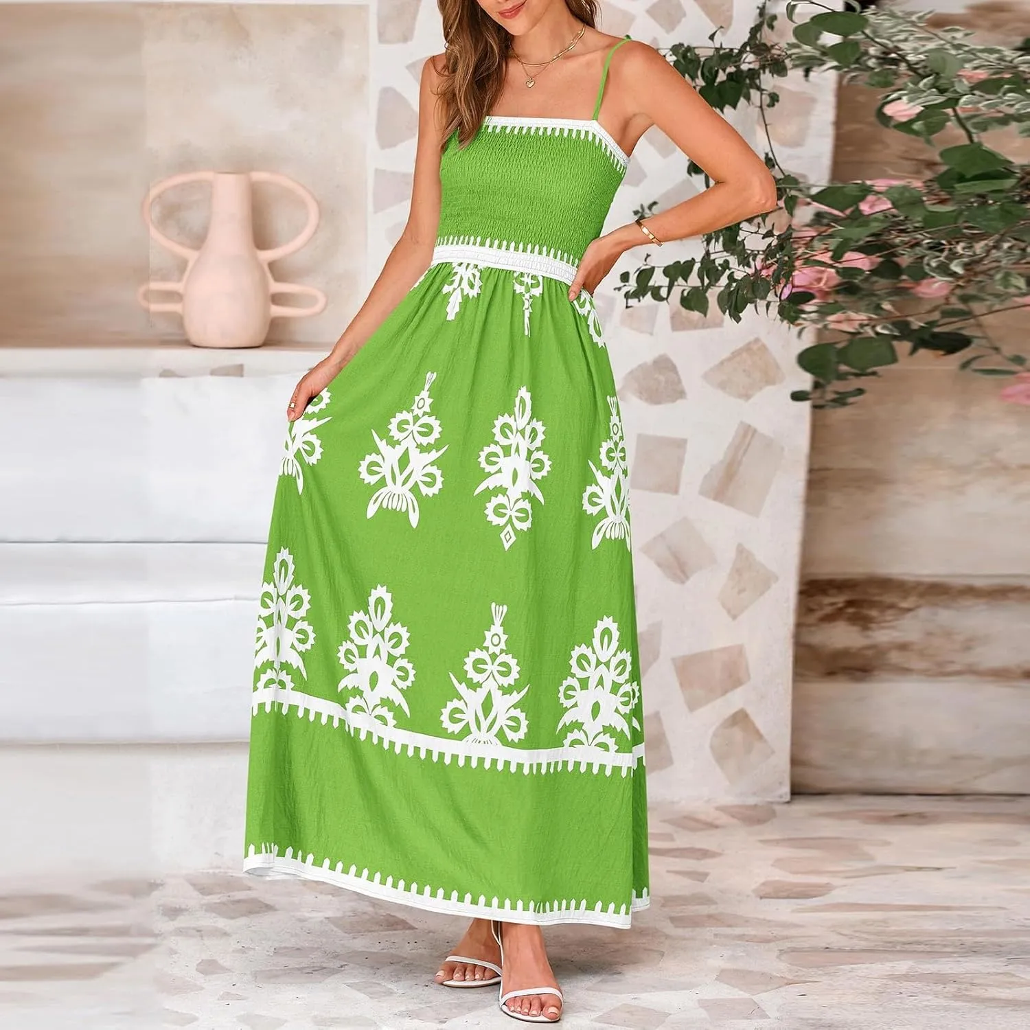 Sundresses for Women 2025 Summer Floral Sundress Spaghetti Strap Flowy Beach Vacation Boho Maxi Dresses with Pocket