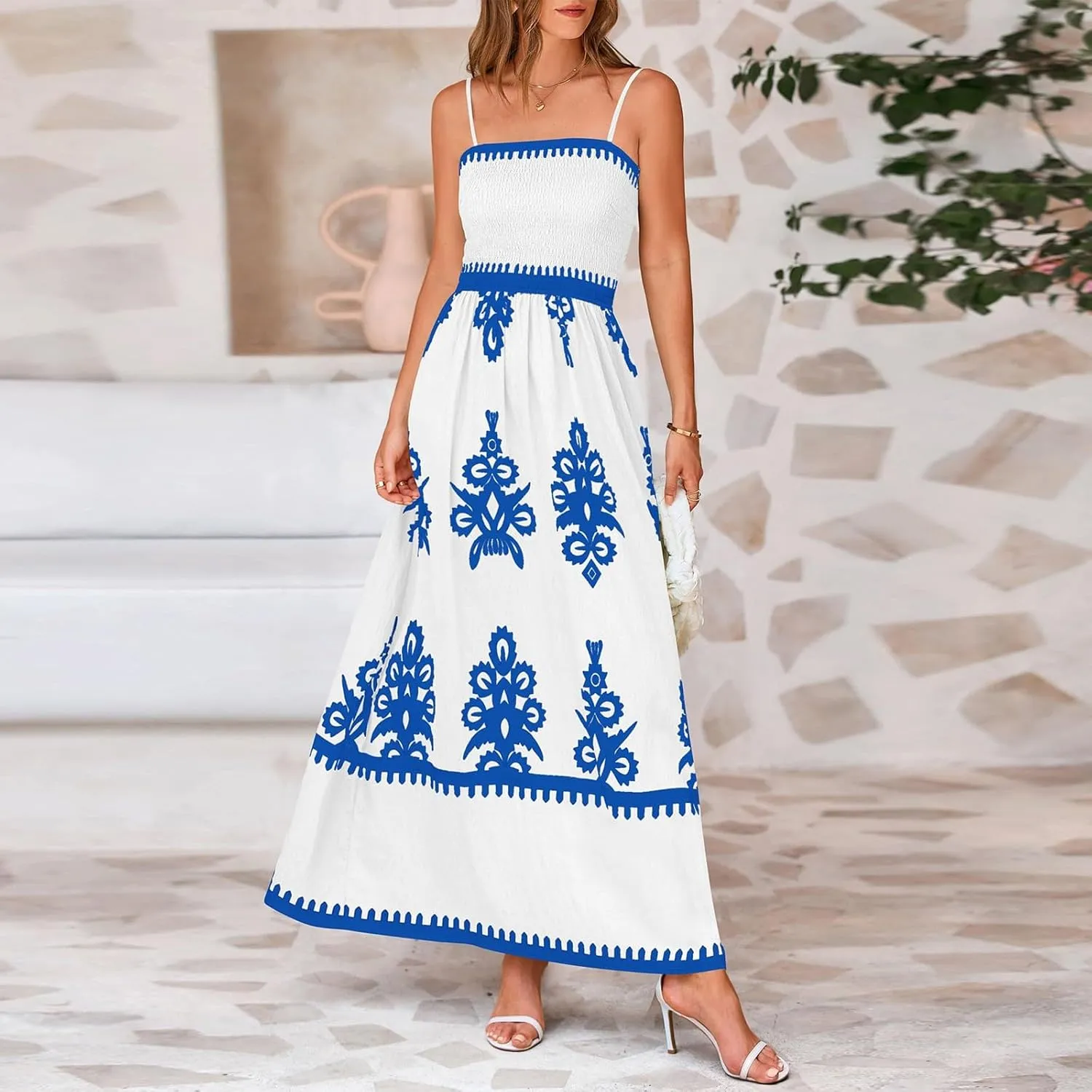 Sundresses for Women 2025 Summer Floral Sundress Spaghetti Strap Flowy Beach Vacation Boho Maxi Dresses with Pocket
