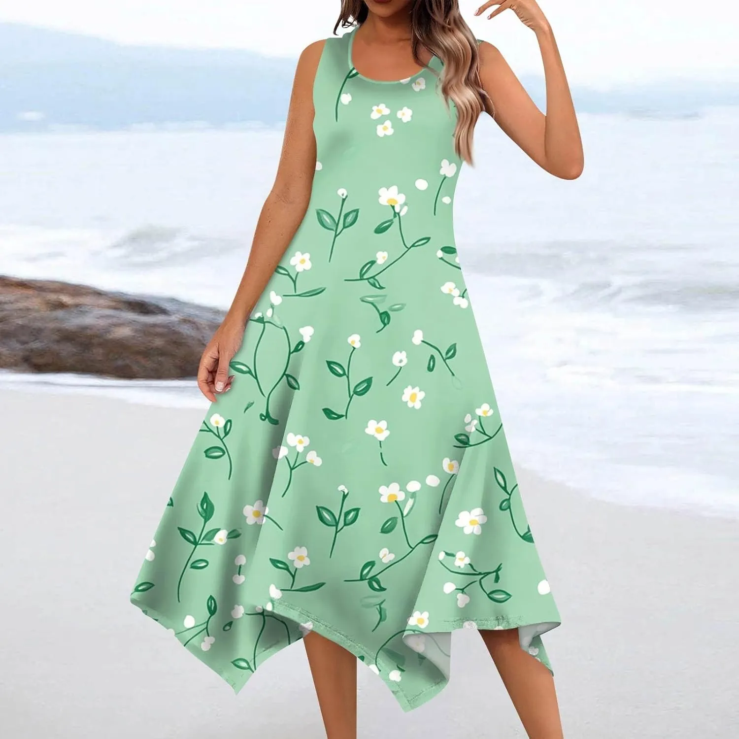 Sundresses for Women Boho Floral Beach Cover Up Midi Dresses Summer Vacation A Line Flowy Swing Sleeveless Dress