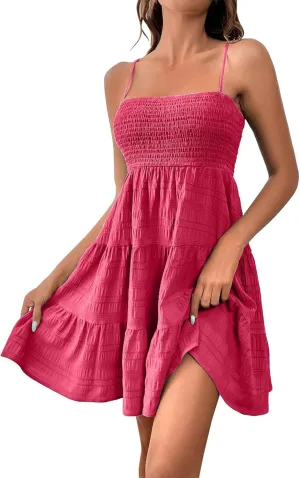 Sundresses for Women Smocked Spaghetti Strap Square Neck Mini Babydoll Dress Casual Summer Flowy Tiered Ruffle Dress