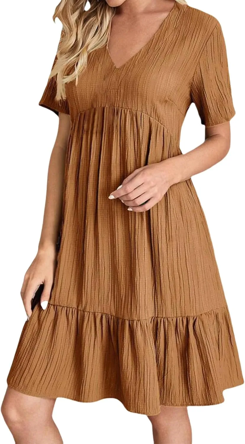 Sundresses for Women Soft V Neck Short Sleeve Ruffle Hem Tiered Flowy Swing Midi Dresses Loose A Line Flowy Beach Dress