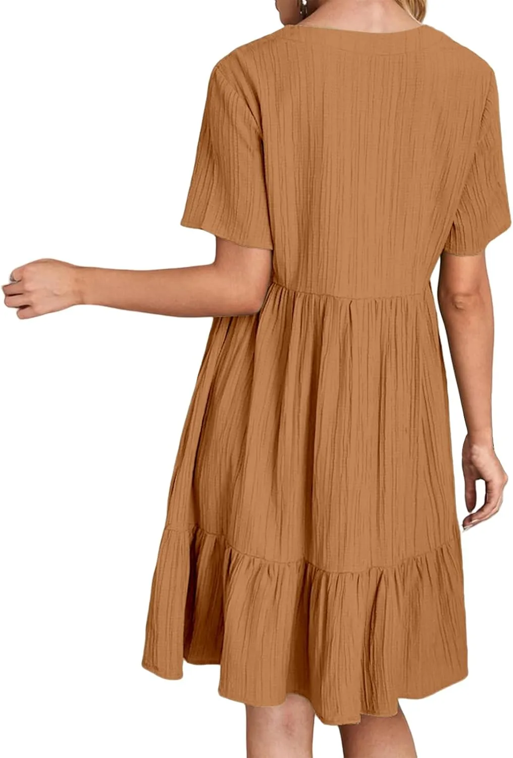 Sundresses for Women Soft V Neck Short Sleeve Ruffle Hem Tiered Flowy Swing Midi Dresses Loose A Line Flowy Beach Dress