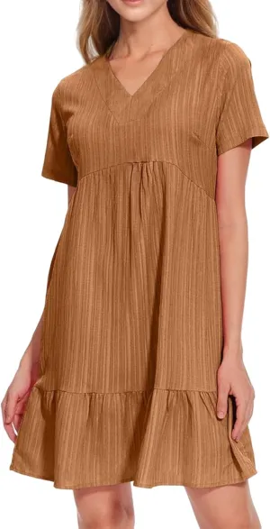 Sundresses for Women Soft V Neck Short Sleeve Ruffle Hem Tiered Flowy Swing Midi Dresses Loose A Line Flowy Beach Dress