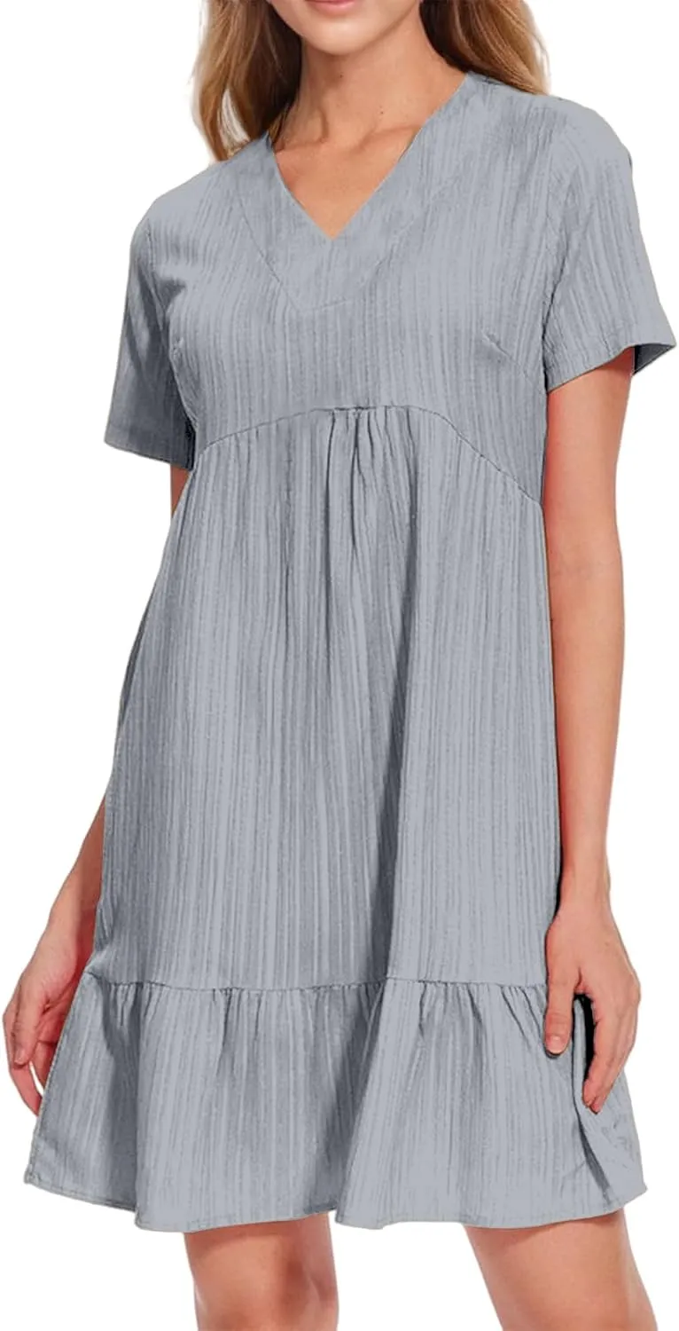 Sundresses for Women Soft V Neck Short Sleeve Ruffle Hem Tiered Flowy Swing Midi Dresses Loose A Line Flowy Beach Dress