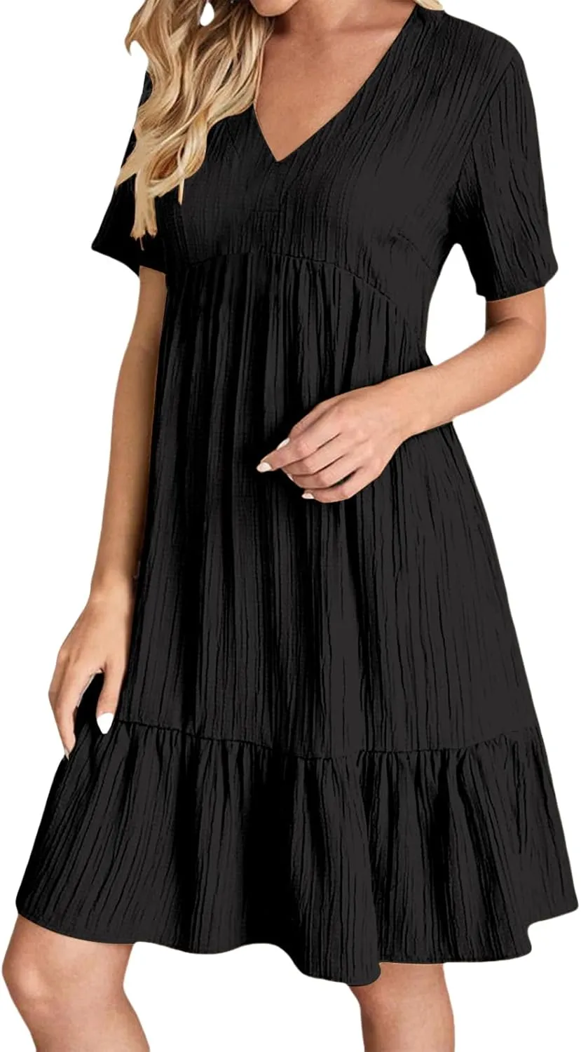 Sundresses for Women Soft V Neck Short Sleeve Ruffle Hem Tiered Flowy Swing Midi Dresses Loose A Line Flowy Beach Dress