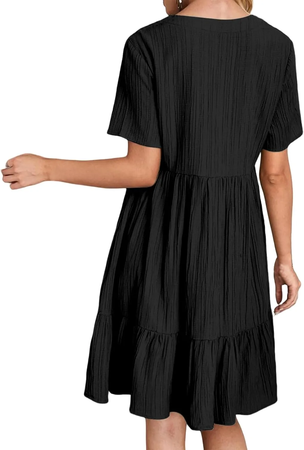 Sundresses for Women Soft V Neck Short Sleeve Ruffle Hem Tiered Flowy Swing Midi Dresses Loose A Line Flowy Beach Dress