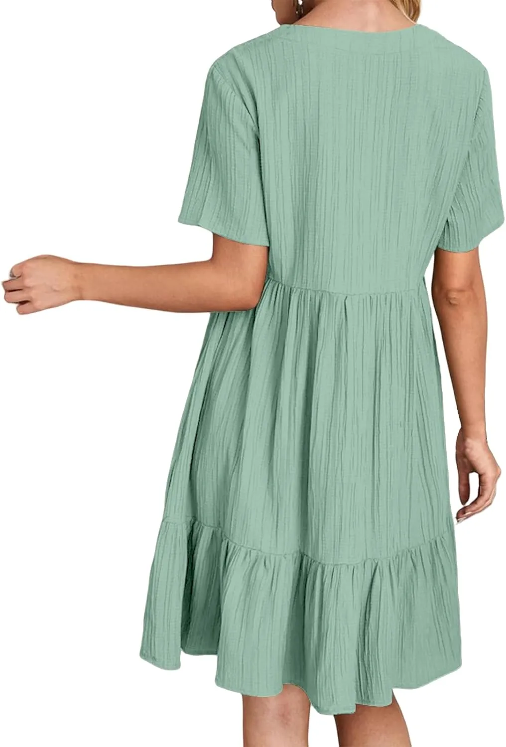Sundresses for Women Soft V Neck Short Sleeve Ruffle Hem Tiered Flowy Swing Midi Dresses Loose A Line Flowy Beach Dress