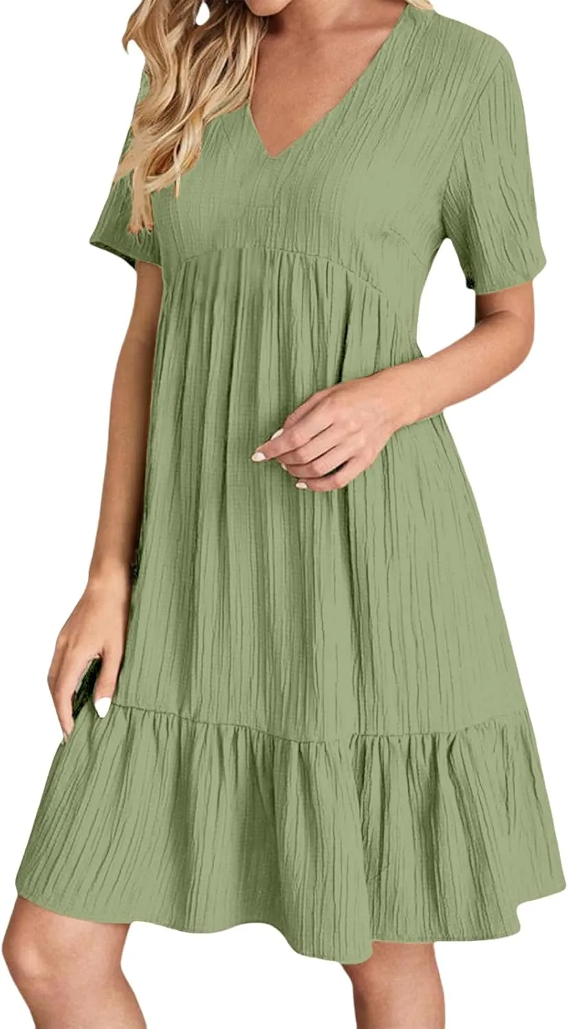 Sundresses for Women Soft V Neck Short Sleeve Ruffle Hem Tiered Flowy Swing Midi Dresses Loose A Line Flowy Beach Dress
