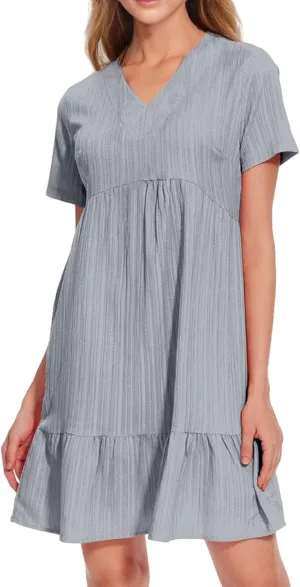 Sundresses for Women Soft V Neck Short Sleeve Ruffle Hem Tiered Flowy Swing Midi Dresses Loose A Line Flowy Beach Dress