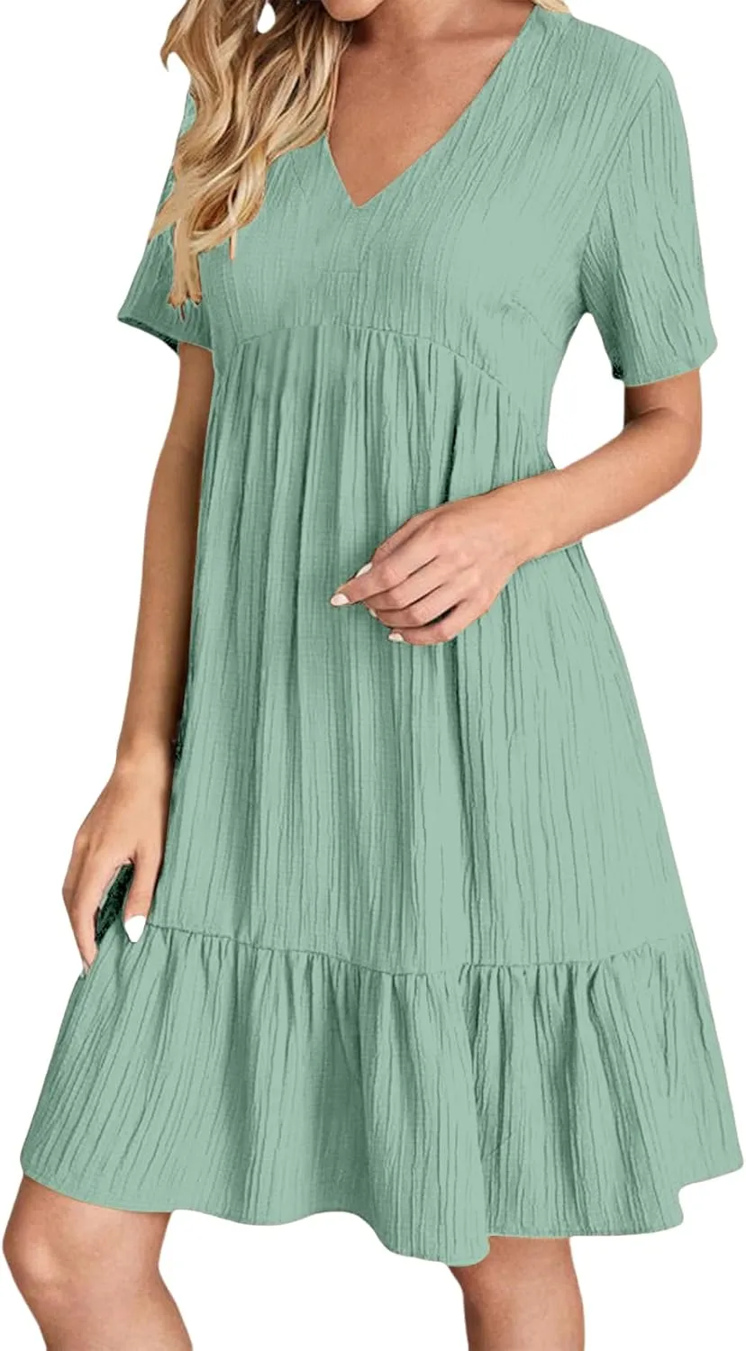 Sundresses for Women Soft V Neck Short Sleeve Ruffle Hem Tiered Flowy Swing Midi Dresses Loose A Line Flowy Beach Dress