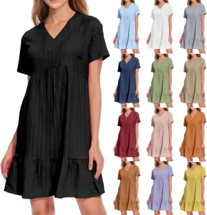 Sundresses for Women Soft V Neck Short Sleeve Ruffle Hem Tiered Flowy Swing Midi Dresses Loose A Line Flowy Beach Dress
