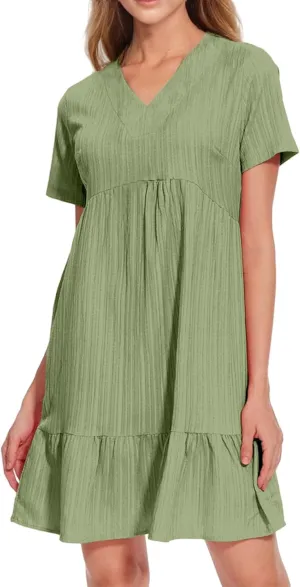Sundresses for Women Soft V Neck Short Sleeve Ruffle Hem Tiered Flowy Swing Midi Dresses Loose A Line Flowy Beach Dress
